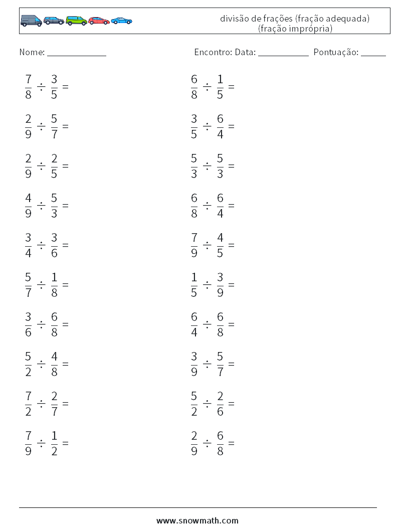 (20) divisão de frações (fração adequada) (fração imprópria) planilhas matemáticas 15