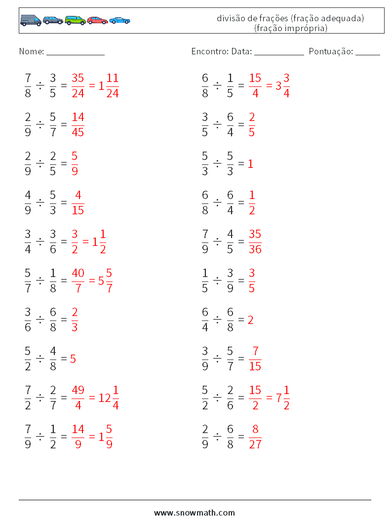 (20) divisão de frações (fração adequada) (fração imprópria) planilhas matemáticas 15 Pergunta, Resposta