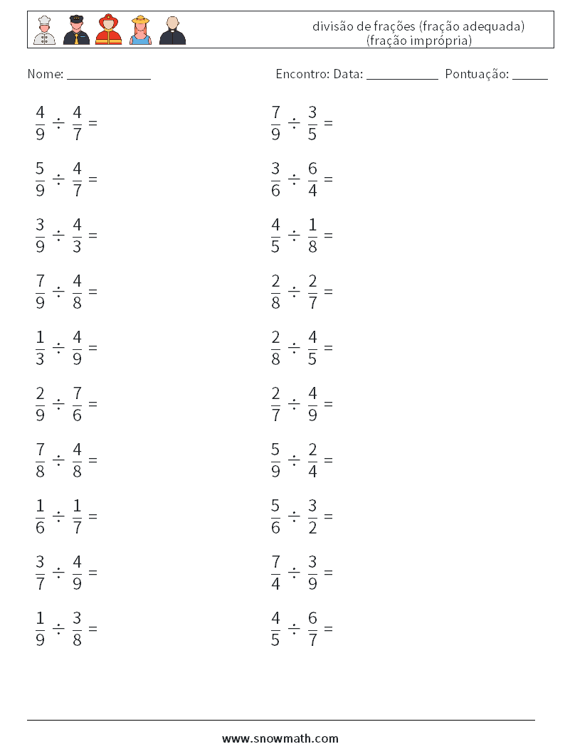 (20) divisão de frações (fração adequada) (fração imprópria) planilhas matemáticas 16