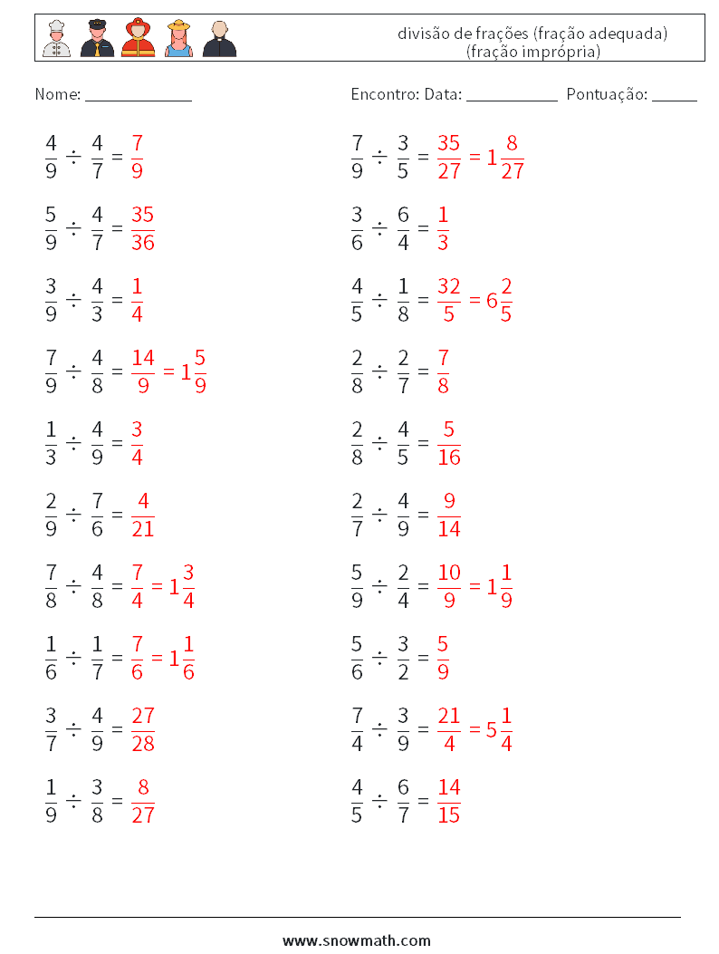 (20) divisão de frações (fração adequada) (fração imprópria) planilhas matemáticas 16 Pergunta, Resposta
