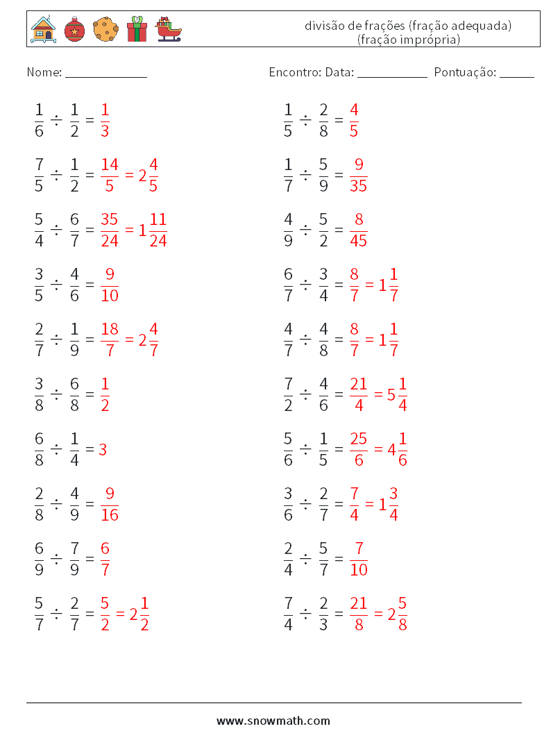 (20) divisão de frações (fração adequada) (fração imprópria) planilhas matemáticas 17 Pergunta, Resposta