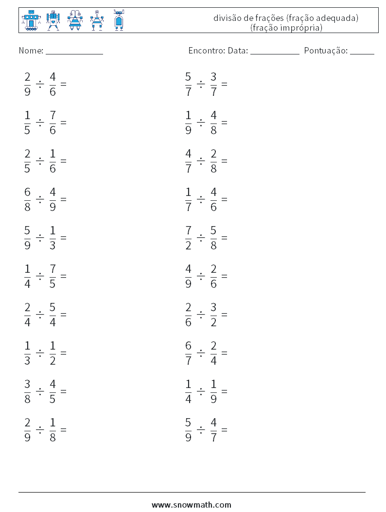 (20) divisão de frações (fração adequada) (fração imprópria) planilhas matemáticas 18