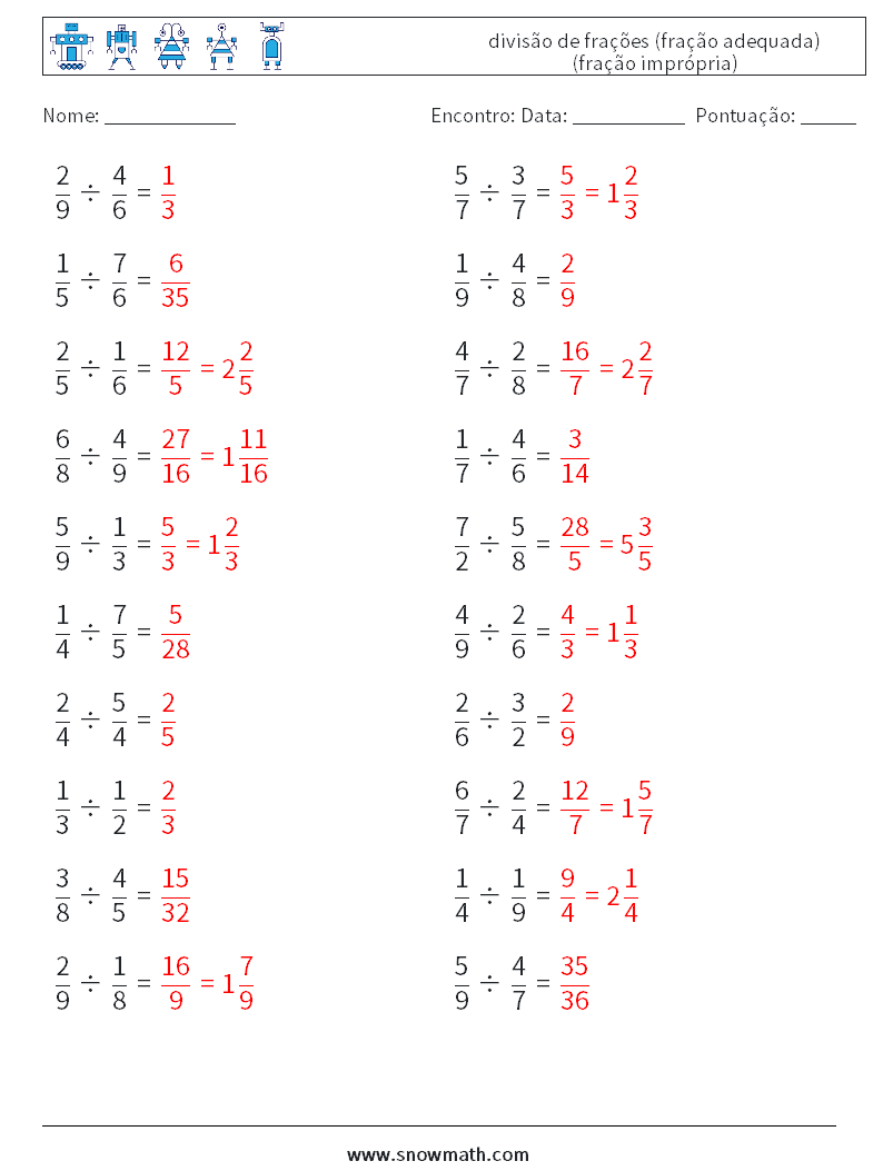(20) divisão de frações (fração adequada) (fração imprópria) planilhas matemáticas 18 Pergunta, Resposta