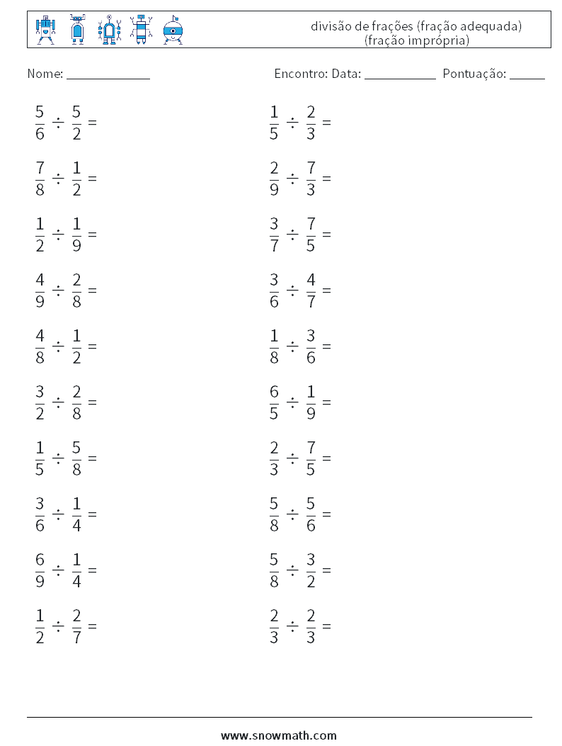 (20) divisão de frações (fração adequada) (fração imprópria) planilhas matemáticas 2