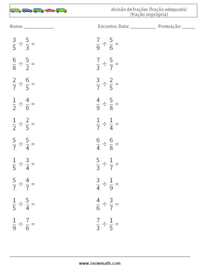 (20) divisão de frações (fração adequada) (fração imprópria) planilhas matemáticas 3