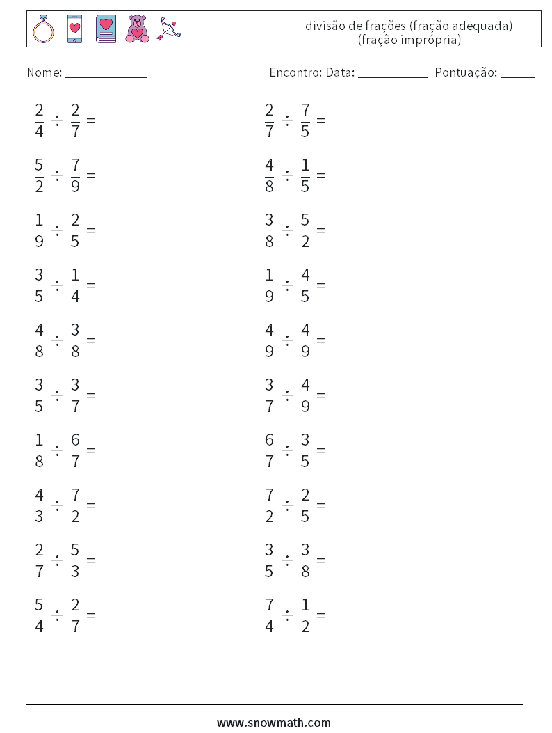 (20) divisão de frações (fração adequada) (fração imprópria) planilhas matemáticas 4