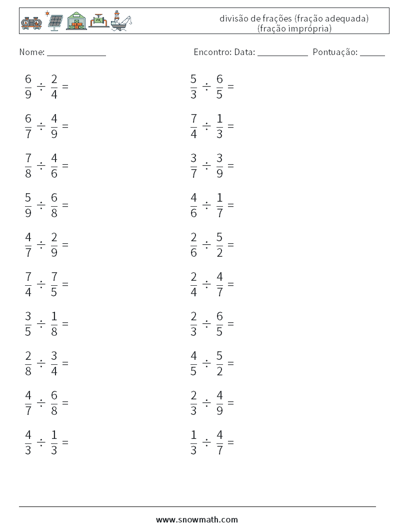 (20) divisão de frações (fração adequada) (fração imprópria) planilhas matemáticas 6