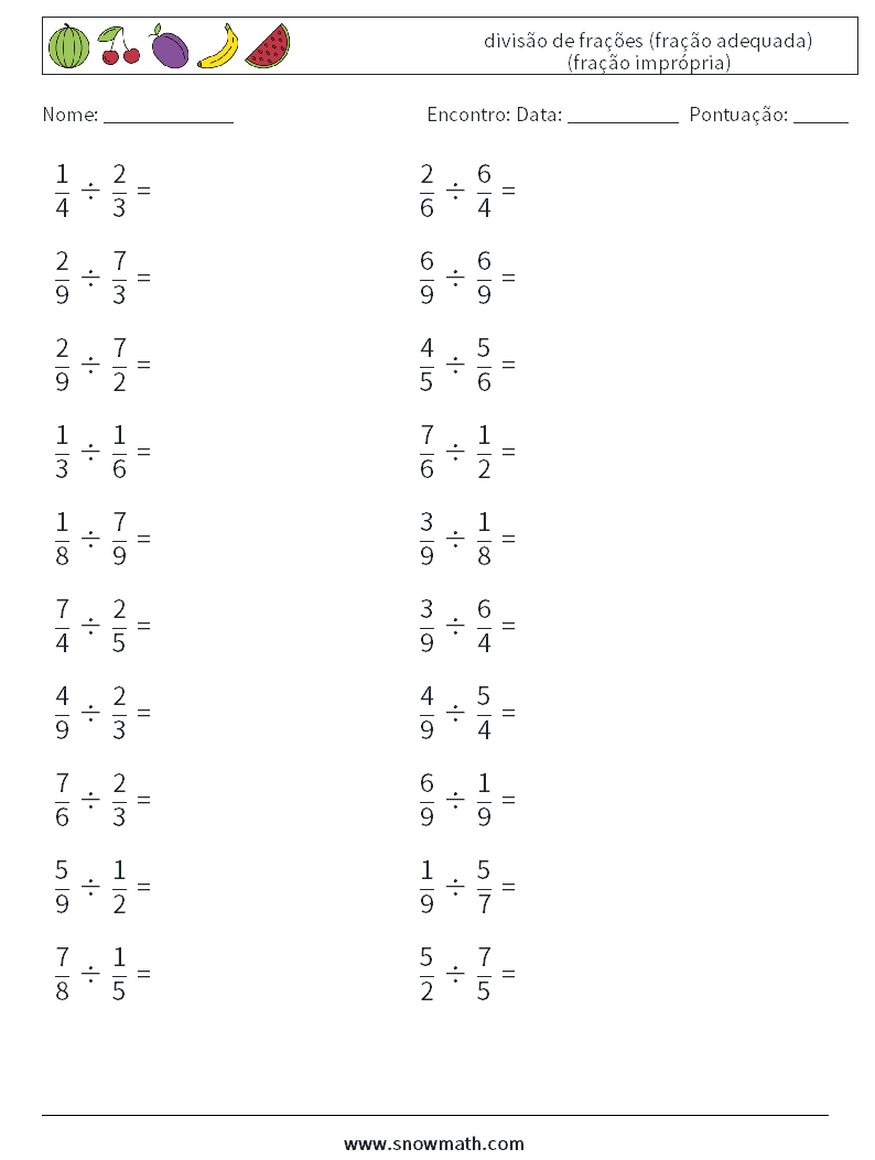 (20) divisão de frações (fração adequada) (fração imprópria) planilhas matemáticas 8