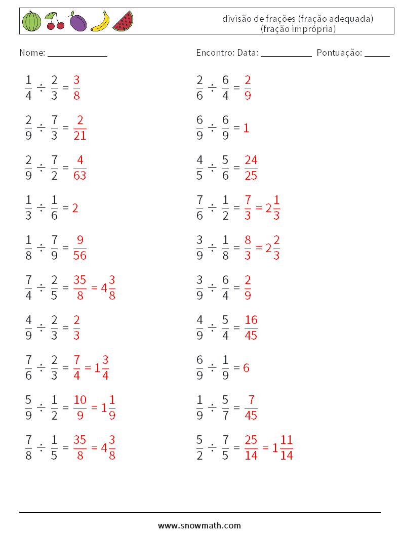 (20) divisão de frações (fração adequada) (fração imprópria) planilhas matemáticas 8 Pergunta, Resposta