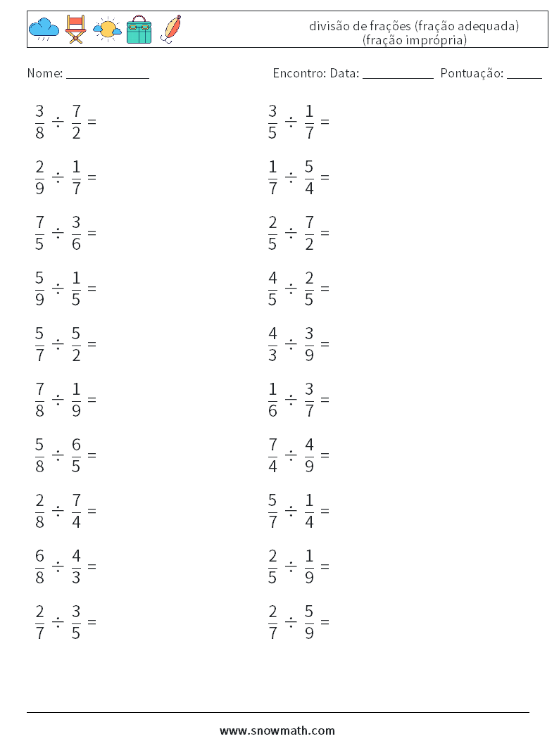 (20) divisão de frações (fração adequada) (fração imprópria) planilhas matemáticas 9