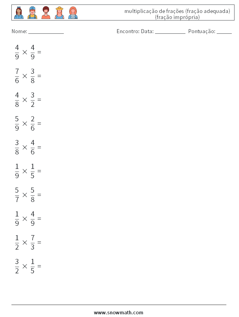 (10) multiplicação de frações (fração adequada) (fração imprópria) planilhas matemáticas 10