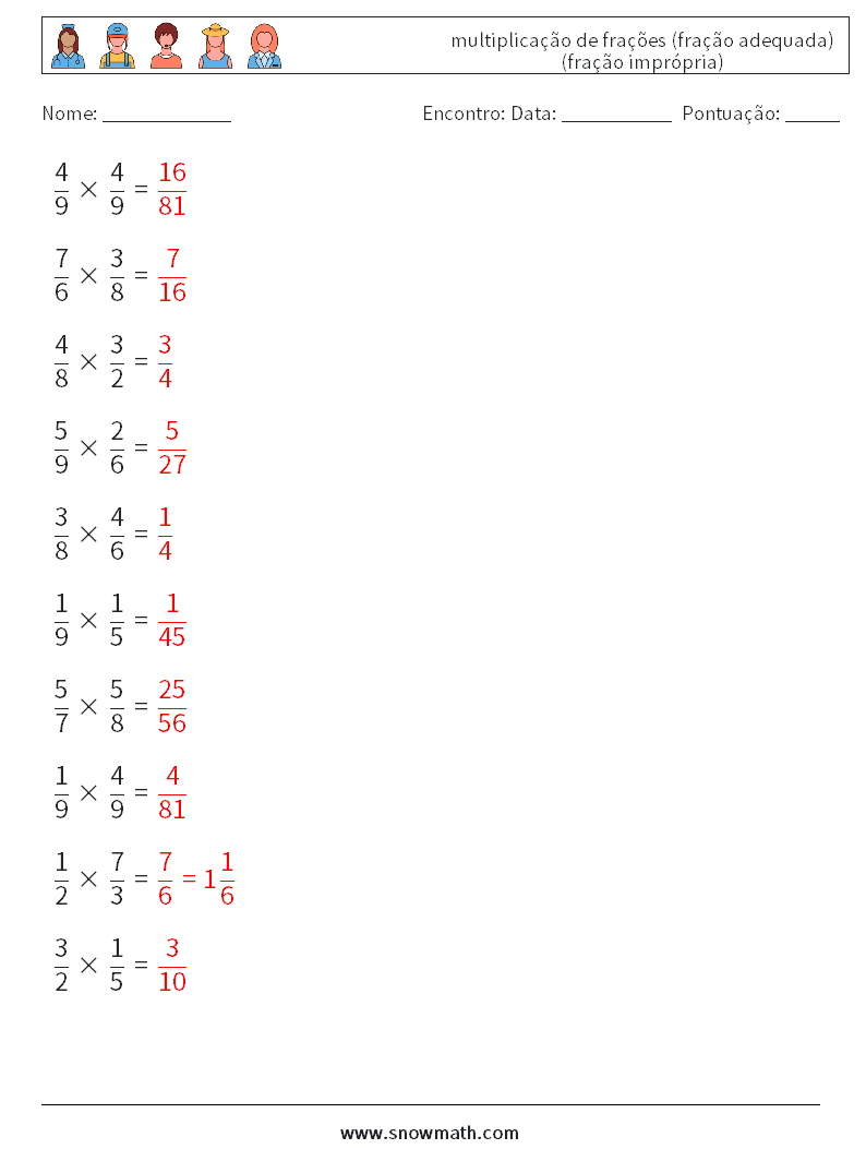 (10) multiplicação de frações (fração adequada) (fração imprópria) planilhas matemáticas 10 Pergunta, Resposta