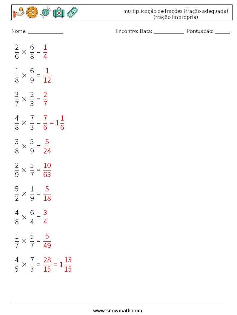 (10) multiplicação de frações (fração adequada) (fração imprópria) planilhas matemáticas 11 Pergunta, Resposta