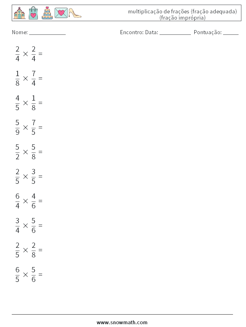 (10) multiplicação de frações (fração adequada) (fração imprópria) planilhas matemáticas 12