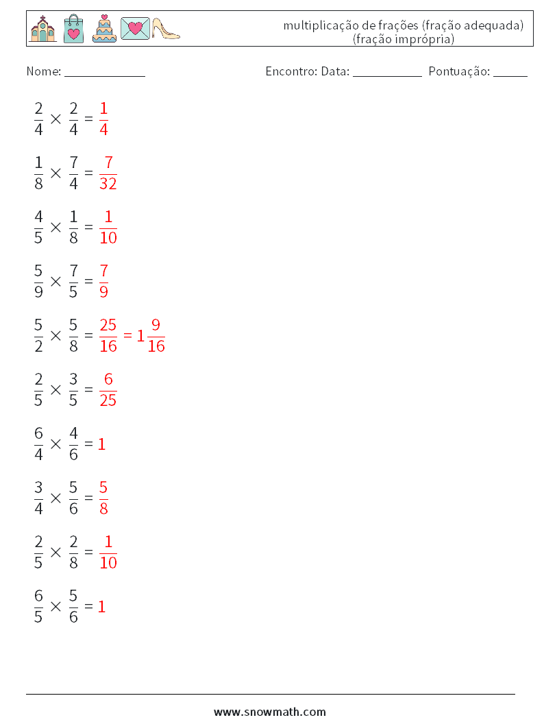 (10) multiplicação de frações (fração adequada) (fração imprópria) planilhas matemáticas 12 Pergunta, Resposta