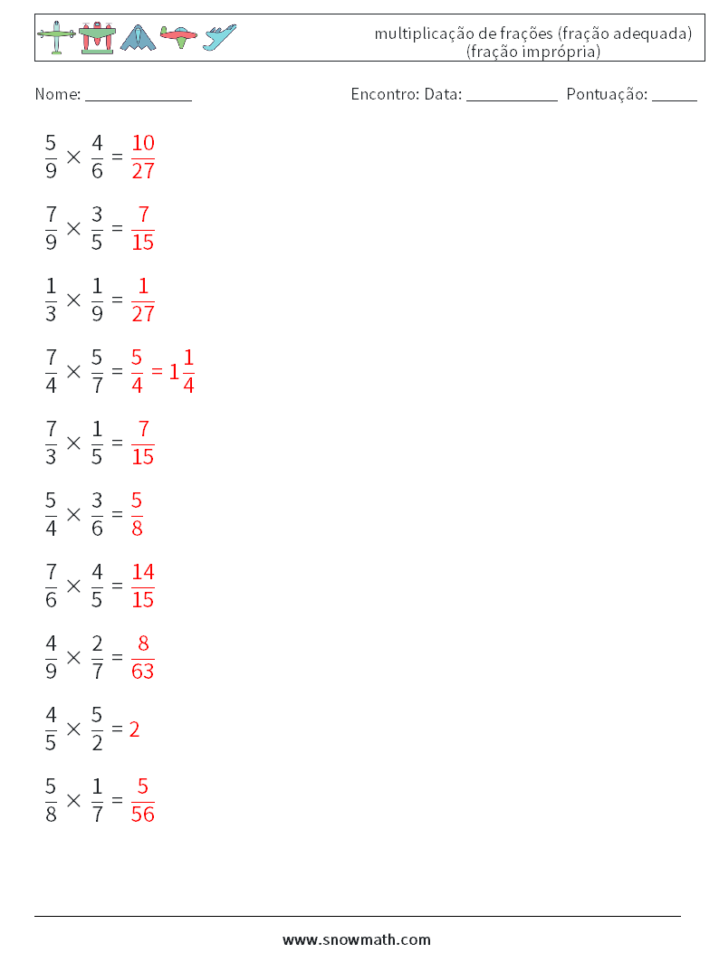 (10) multiplicação de frações (fração adequada) (fração imprópria) planilhas matemáticas 13 Pergunta, Resposta