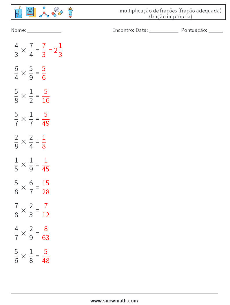 (10) multiplicação de frações (fração adequada) (fração imprópria) planilhas matemáticas 15 Pergunta, Resposta