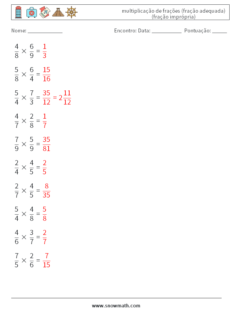 (10) multiplicação de frações (fração adequada) (fração imprópria) planilhas matemáticas 16 Pergunta, Resposta