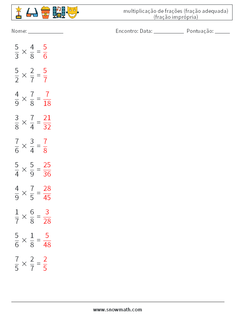 (10) multiplicação de frações (fração adequada) (fração imprópria) planilhas matemáticas 17 Pergunta, Resposta