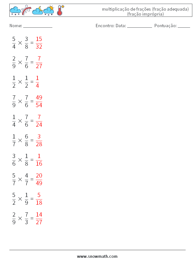 (10) multiplicação de frações (fração adequada) (fração imprópria) planilhas matemáticas 1 Pergunta, Resposta