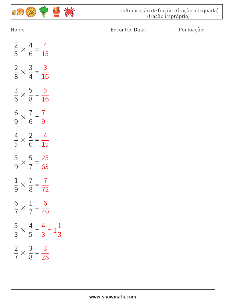 (10) multiplicação de frações (fração adequada) (fração imprópria) planilhas matemáticas 2 Pergunta, Resposta