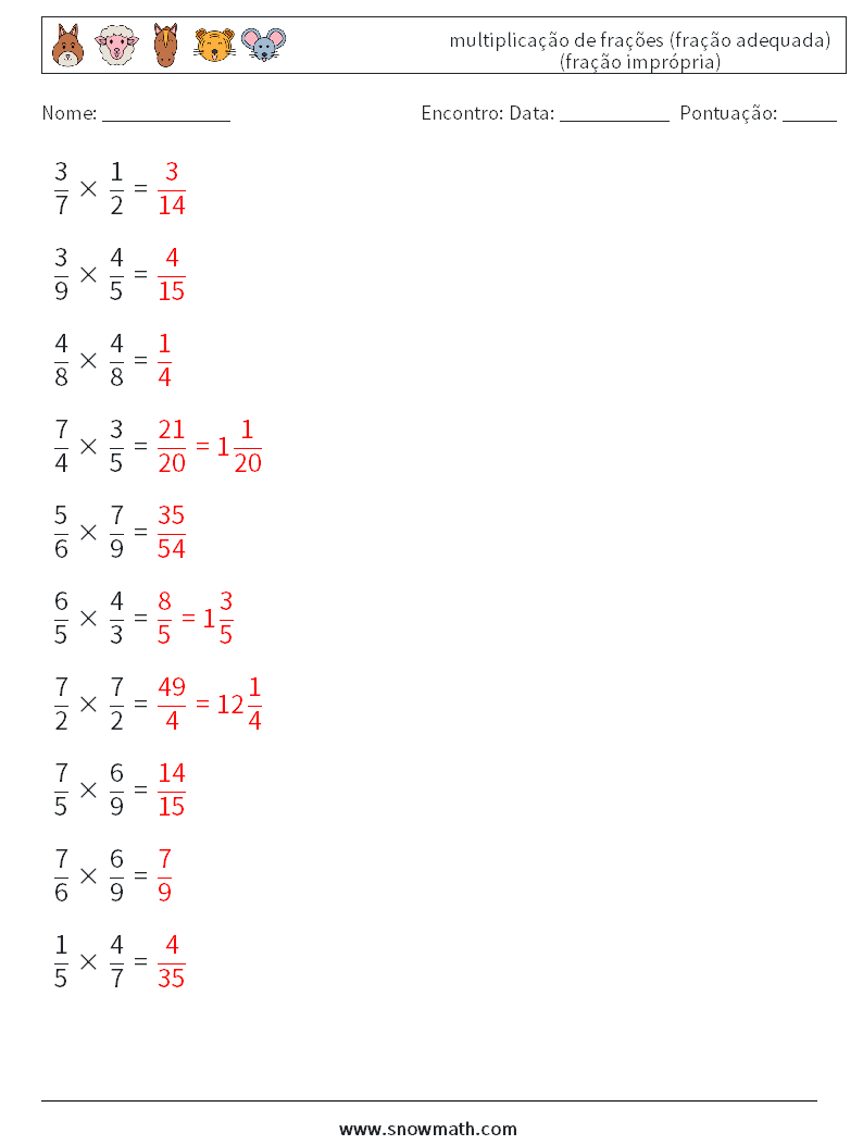 (10) multiplicação de frações (fração adequada) (fração imprópria) planilhas matemáticas 3 Pergunta, Resposta