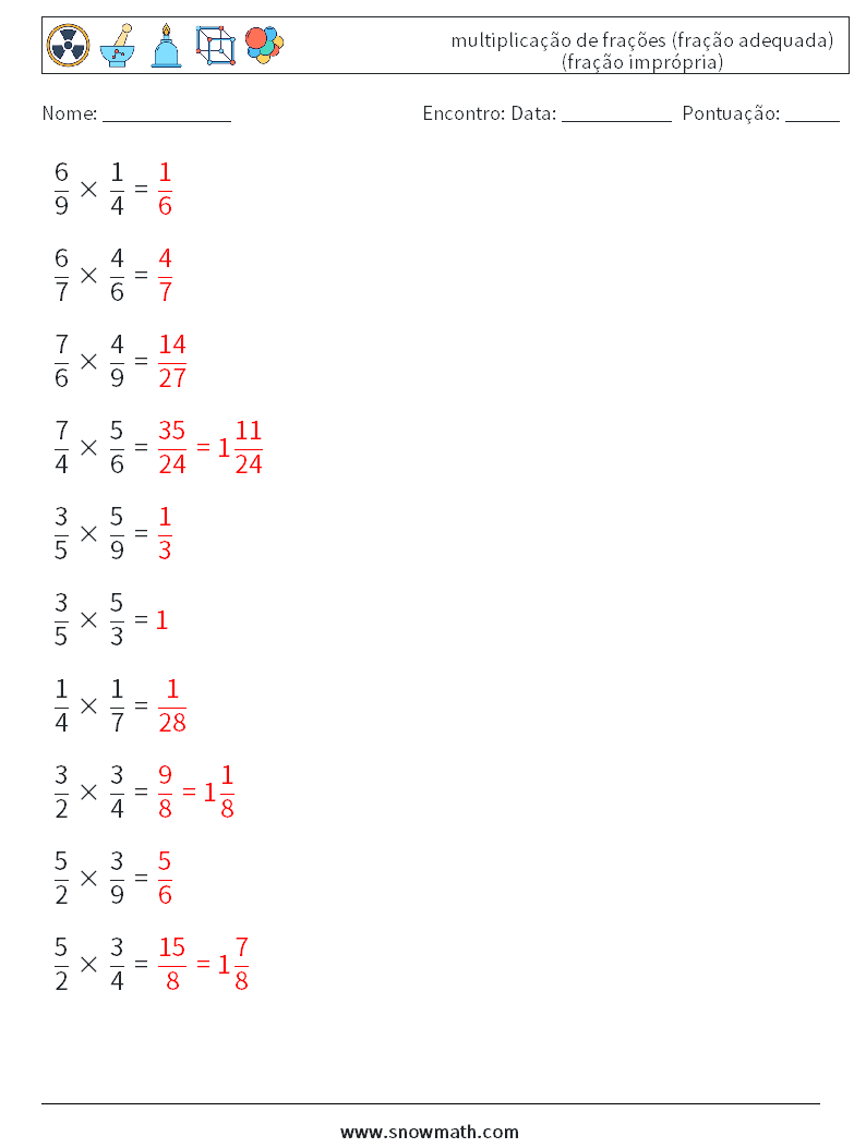 (10) multiplicação de frações (fração adequada) (fração imprópria) planilhas matemáticas 4 Pergunta, Resposta