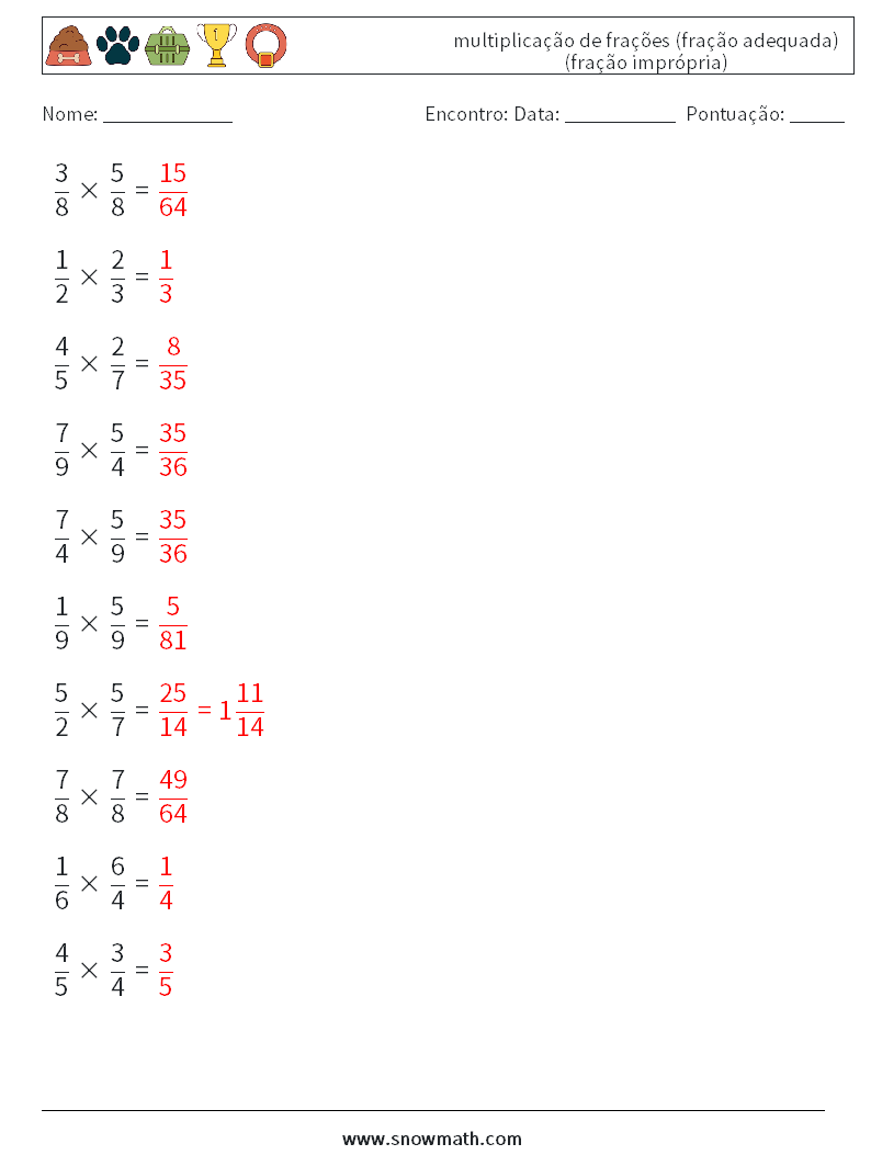 (10) multiplicação de frações (fração adequada) (fração imprópria) planilhas matemáticas 5 Pergunta, Resposta