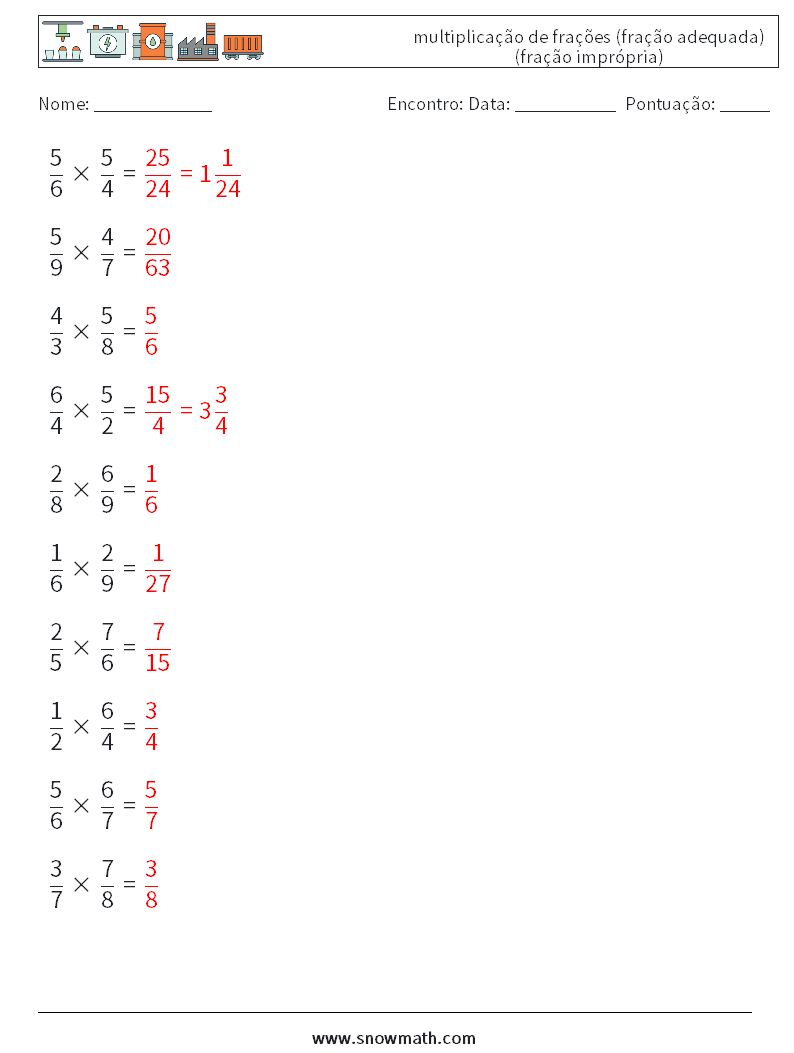 (10) multiplicação de frações (fração adequada) (fração imprópria) planilhas matemáticas 6 Pergunta, Resposta