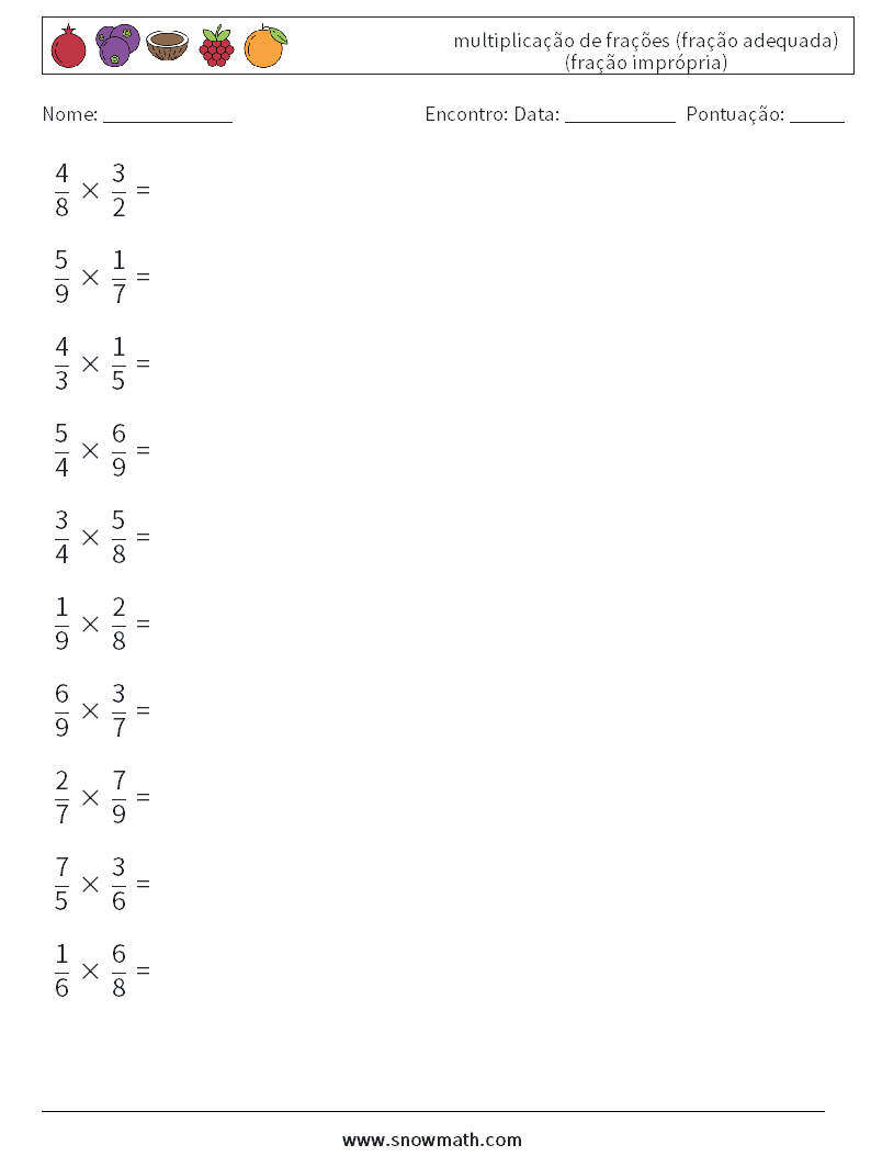 (10) multiplicação de frações (fração adequada) (fração imprópria) planilhas matemáticas 7