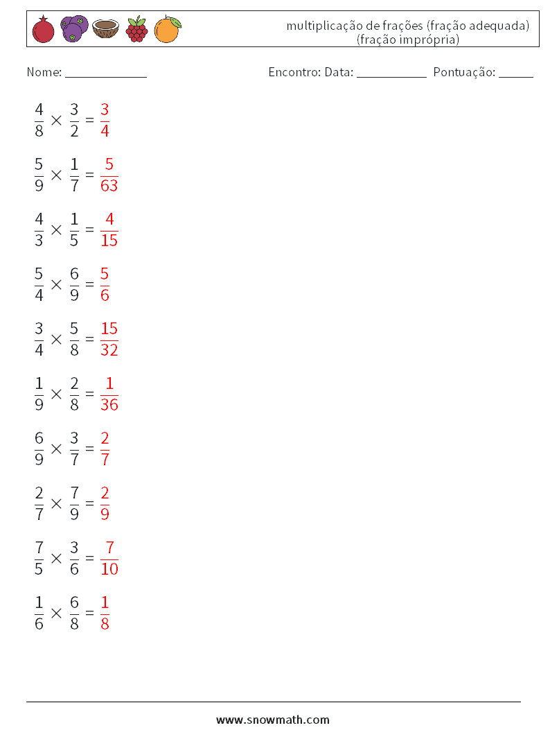 (10) multiplicação de frações (fração adequada) (fração imprópria) planilhas matemáticas 7 Pergunta, Resposta