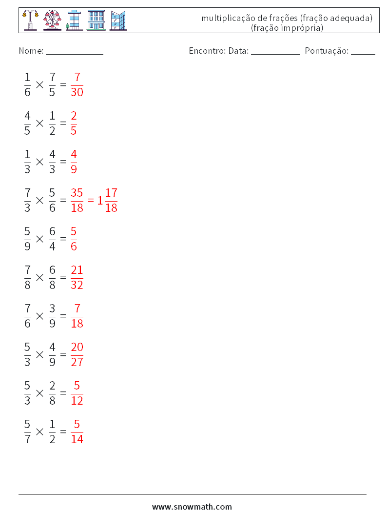 (10) multiplicação de frações (fração adequada) (fração imprópria) planilhas matemáticas 8 Pergunta, Resposta