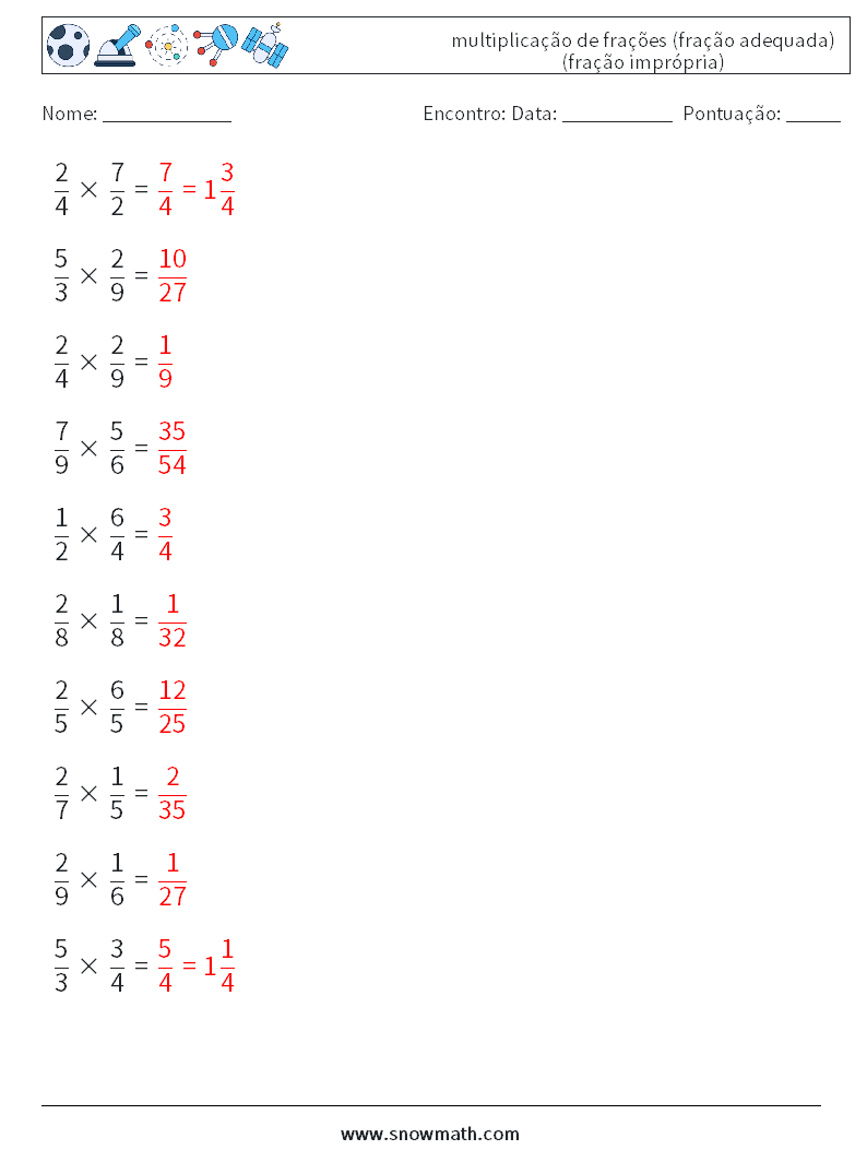 (10) multiplicação de frações (fração adequada) (fração imprópria) planilhas matemáticas 9 Pergunta, Resposta