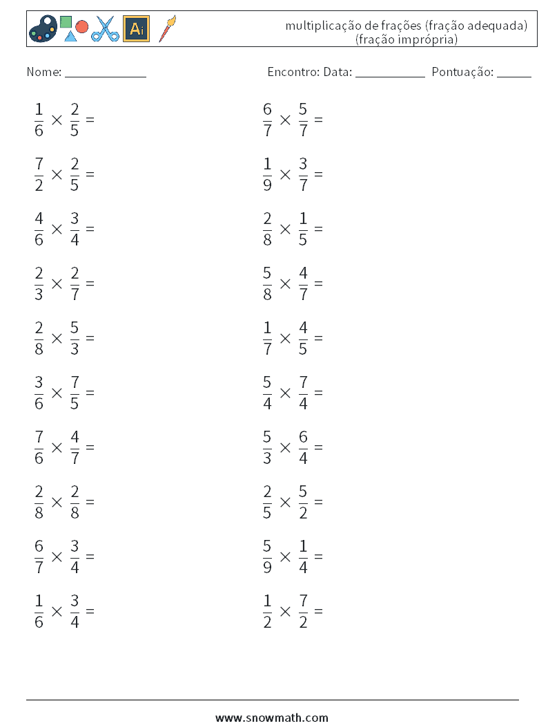 (20) multiplicação de frações (fração adequada) (fração imprópria) planilhas matemáticas 10