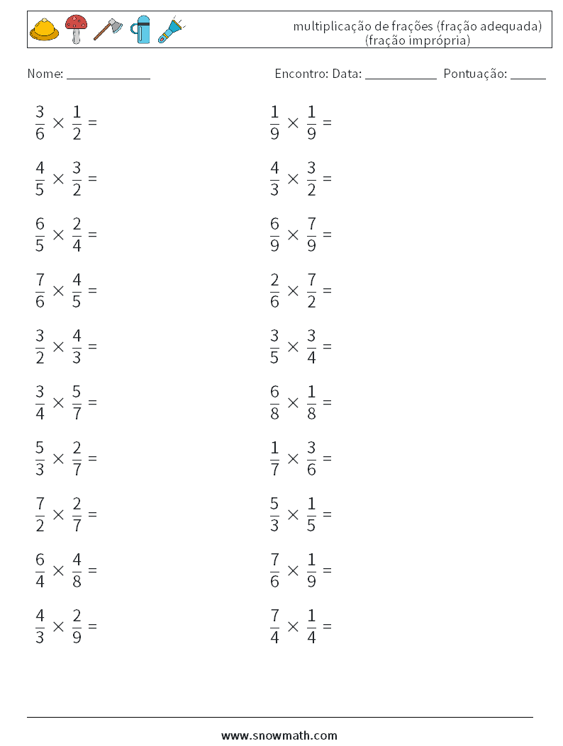(20) multiplicação de frações (fração adequada) (fração imprópria) planilhas matemáticas 11