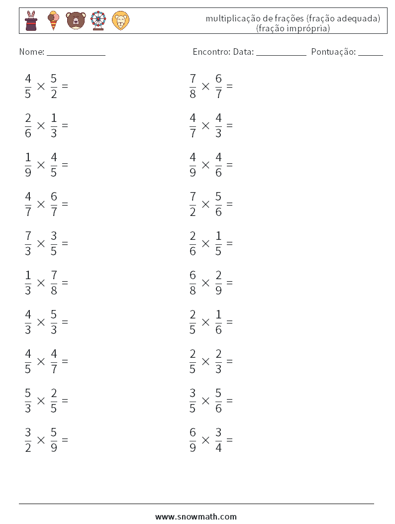 (20) multiplicação de frações (fração adequada) (fração imprópria) planilhas matemáticas 12