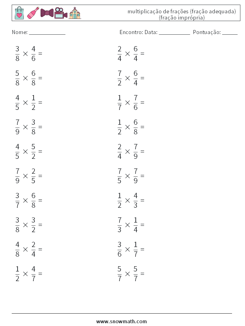 (20) multiplicação de frações (fração adequada) (fração imprópria) planilhas matemáticas 16