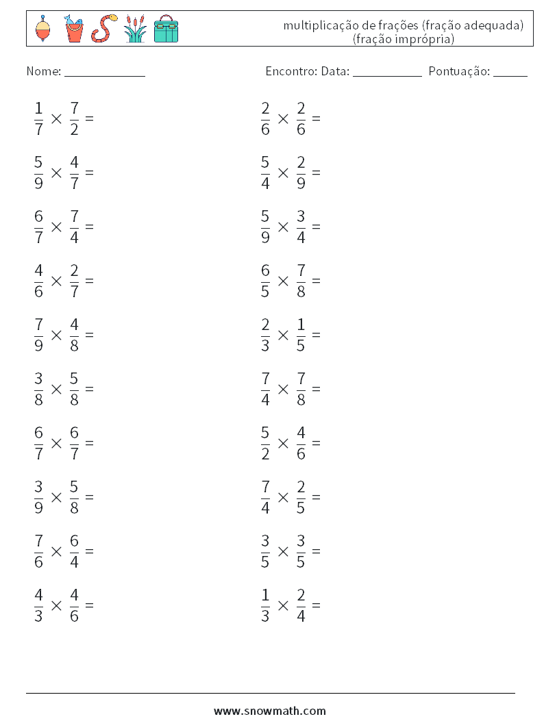 (20) multiplicação de frações (fração adequada) (fração imprópria) planilhas matemáticas 18