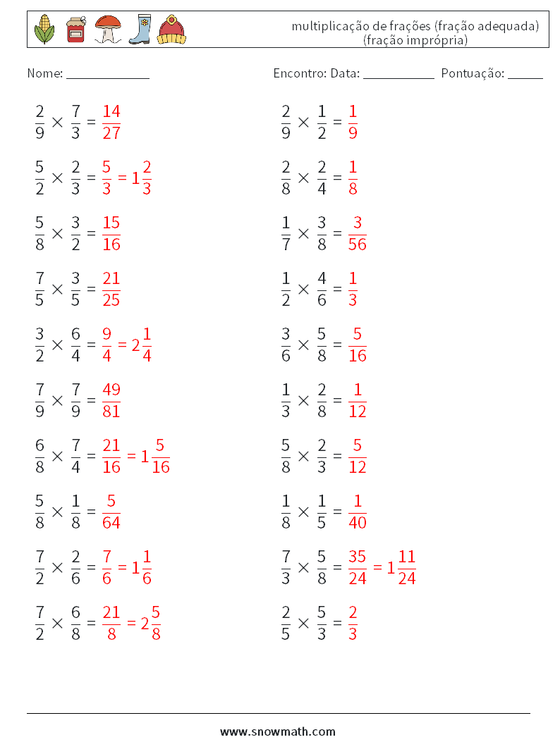 (20) multiplicação de frações (fração adequada) (fração imprópria) planilhas matemáticas 1 Pergunta, Resposta