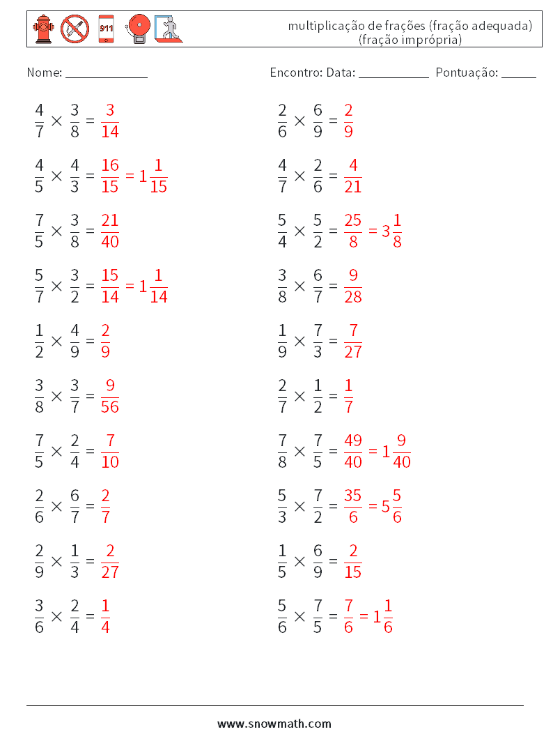 (20) multiplicação de frações (fração adequada) (fração imprópria) planilhas matemáticas 2 Pergunta, Resposta