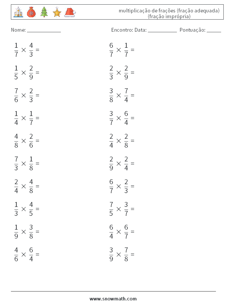 (20) multiplicação de frações (fração adequada) (fração imprópria) planilhas matemáticas 3