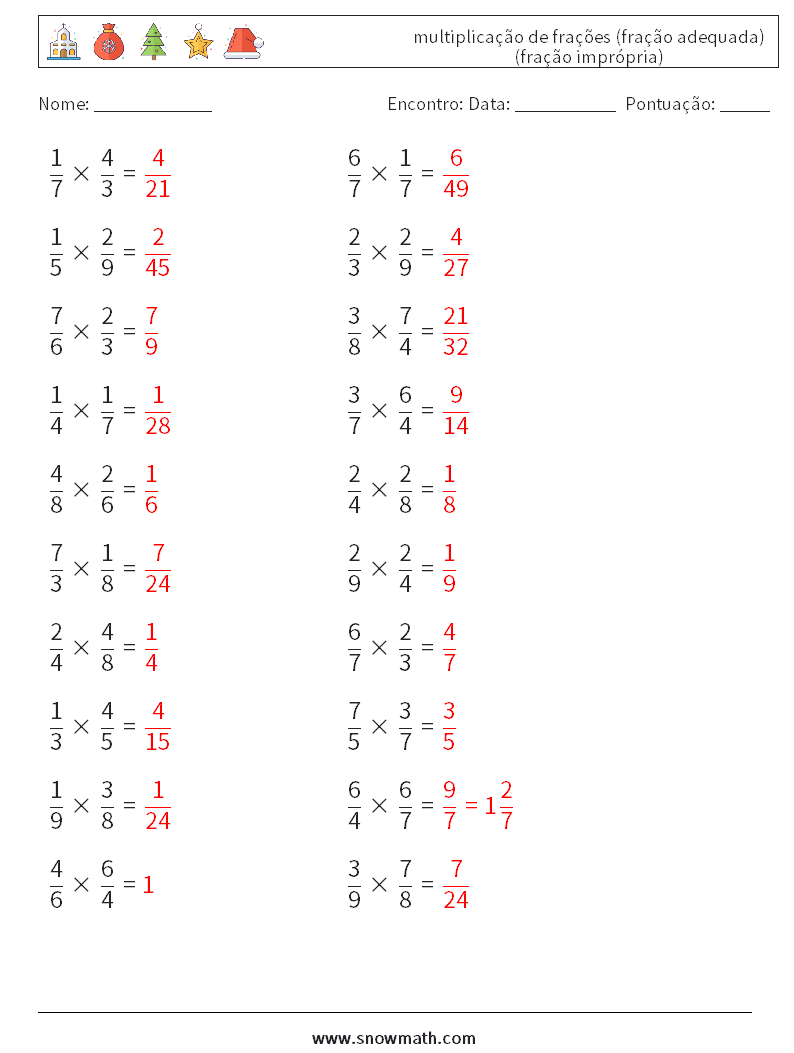 (20) multiplicação de frações (fração adequada) (fração imprópria) planilhas matemáticas 3 Pergunta, Resposta
