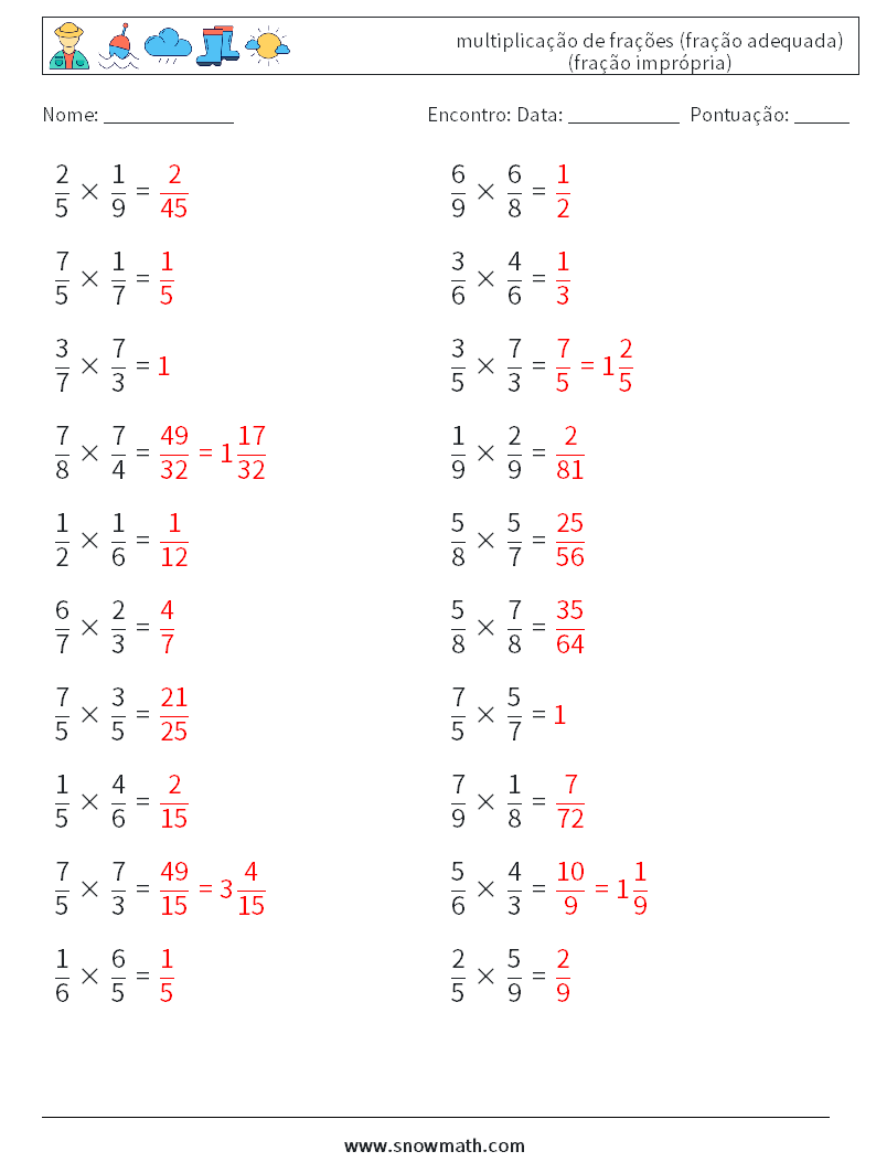 (20) multiplicação de frações (fração adequada) (fração imprópria) planilhas matemáticas 4 Pergunta, Resposta