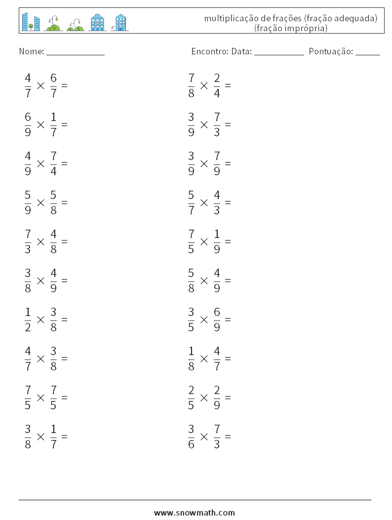 (20) multiplicação de frações (fração adequada) (fração imprópria) planilhas matemáticas 5