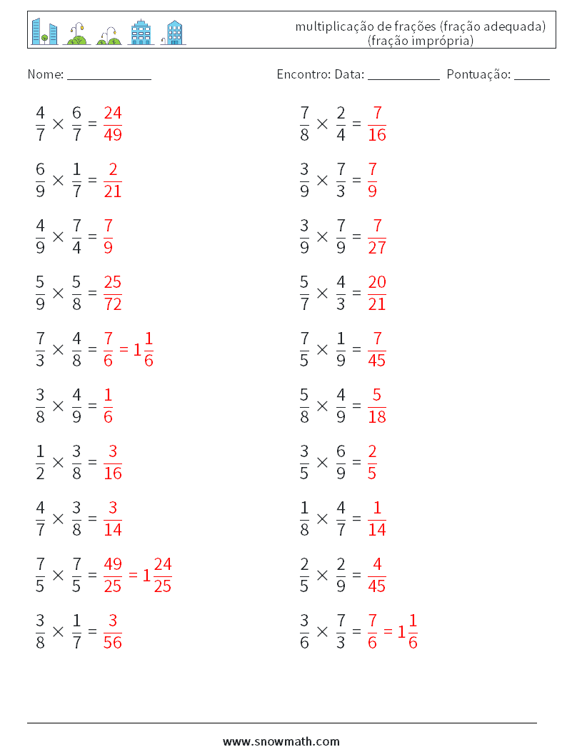 (20) multiplicação de frações (fração adequada) (fração imprópria) planilhas matemáticas 5 Pergunta, Resposta