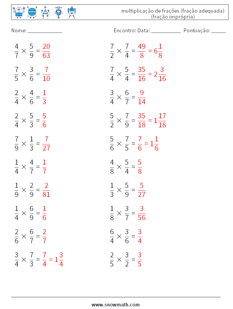 (20) multiplicação de frações (fração adequada) (fração imprópria) planilhas matemáticas 6 Pergunta, Resposta