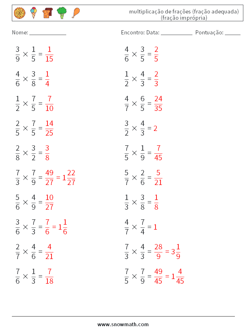 (20) multiplicação de frações (fração adequada) (fração imprópria) planilhas matemáticas 7 Pergunta, Resposta