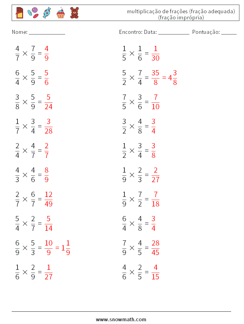 (20) multiplicação de frações (fração adequada) (fração imprópria) planilhas matemáticas 8 Pergunta, Resposta