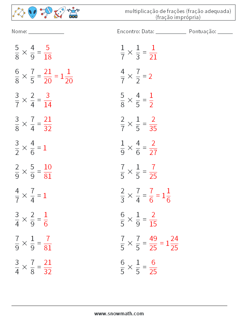 (20) multiplicação de frações (fração adequada) (fração imprópria) planilhas matemáticas 9 Pergunta, Resposta