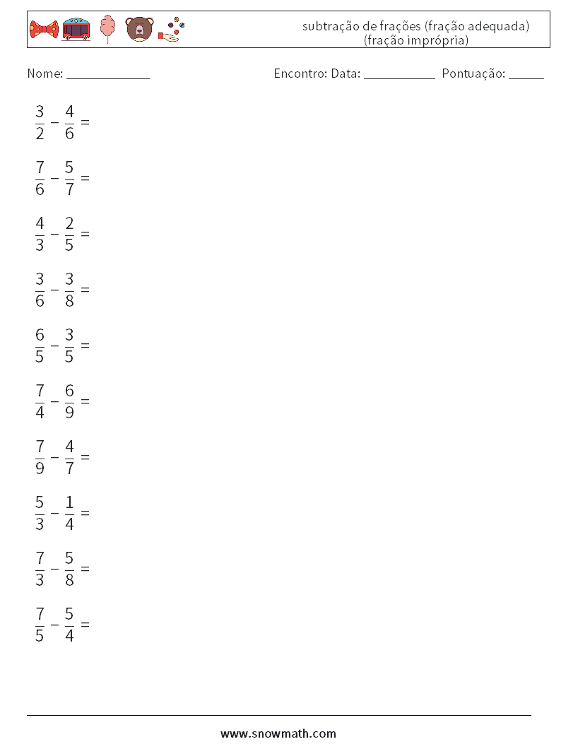 (10) subtração de frações (fração adequada) (fração imprópria) planilhas matemáticas 11